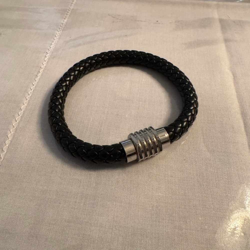Black Braided Leather Bracelet with Silver Accents